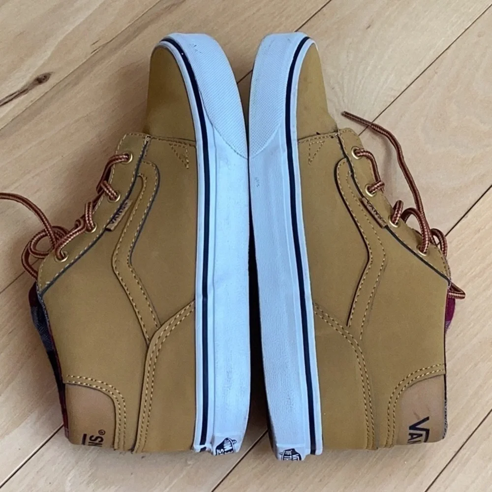 Vans youth mustard yellow with red plaid interior shoes. Size 4.5